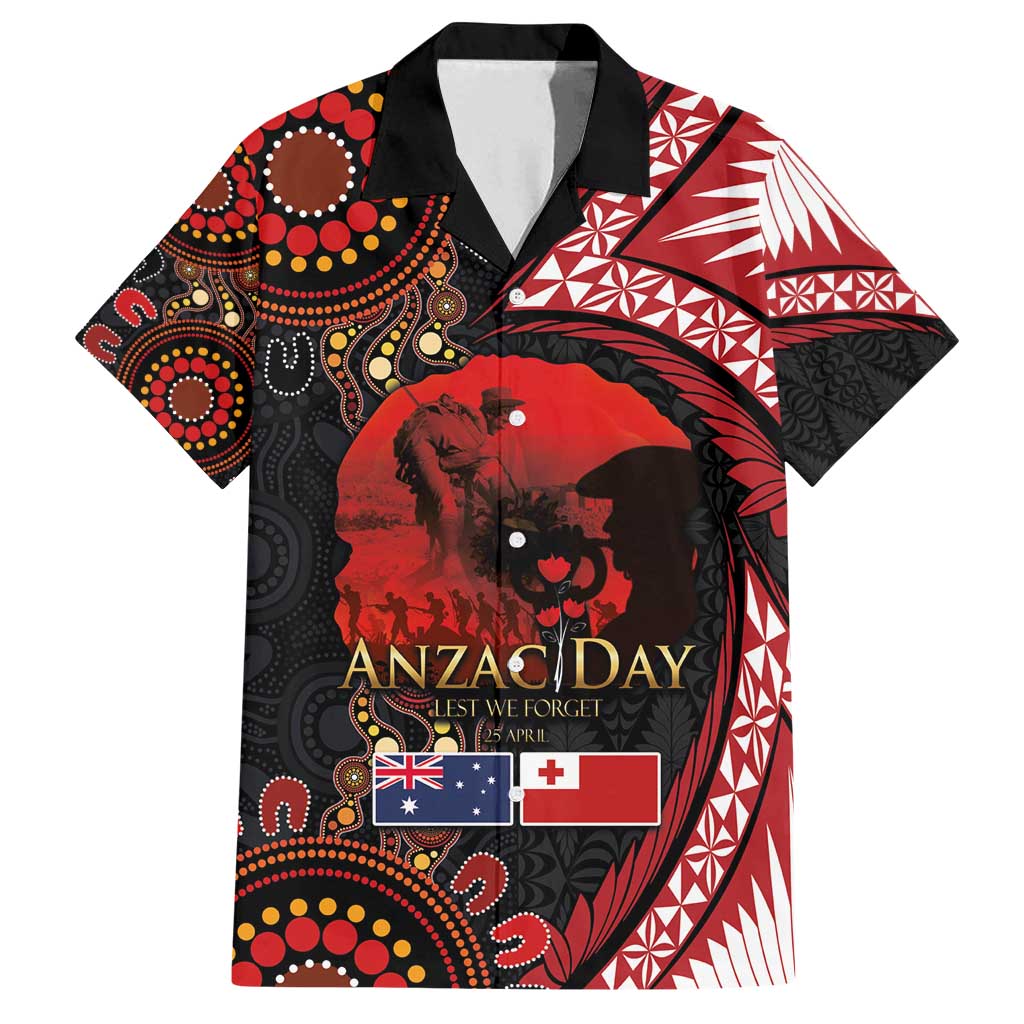Tonga and Australia ANZAC Day Family Matching Long Sleeve Bodycon Dress and Hawaiian Shirt Aboriginal and Ngatu Art Pattern - Gallipoli Lest We Forget LT03 Dad's Shirt - Short Sleeve Black - Polynesian Pride