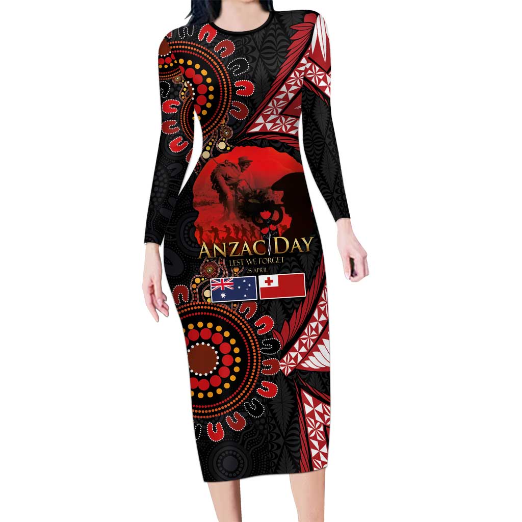 Tonga and Australia ANZAC Day Family Matching Long Sleeve Bodycon Dress and Hawaiian Shirt Aboriginal and Ngatu Art Pattern - Gallipoli Lest We Forget LT03 Mom's Dress Black - Polynesian Pride
