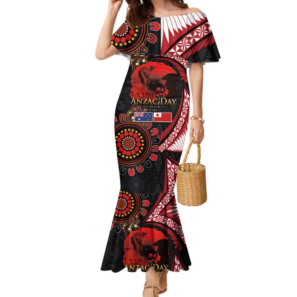 Tonga and Australia ANZAC Day Family Matching Mermaid Dress and Hawaiian Shirt Aboriginal and Ngatu Art Pattern - Gallipoli Lest We Forget LT03 Mom's Dress Black - Polynesian Pride