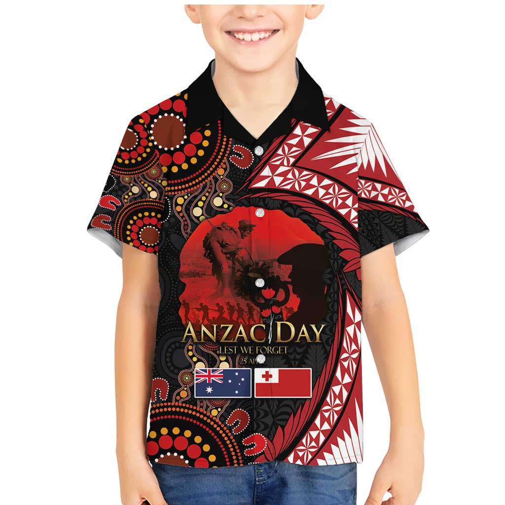Tonga and Australia ANZAC Day Family Matching Mermaid Dress and Hawaiian Shirt Aboriginal and Ngatu Art Pattern - Gallipoli Lest We Forget LT03 Son's Shirt Black - Polynesian Pride