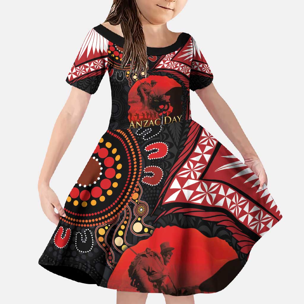 Tonga and Australia ANZAC Day Family Matching Off Shoulder Maxi Dress and Hawaiian Shirt Aboriginal and Ngatu Art Pattern - Gallipoli Lest We Forget LT03 Daughter's Dress Black - Polynesian Pride