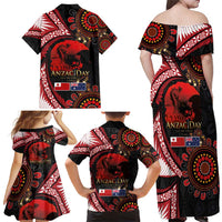 Tonga and Australia ANZAC Day Family Matching Off Shoulder Maxi Dress and Hawaiian Shirt Aboriginal and Ngatu Art Pattern - Gallipoli Lest We Forget LT03 - Polynesian Pride