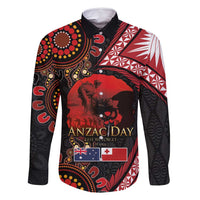 Tonga and Australia ANZAC Day Family Matching Off Shoulder Maxi Dress and Hawaiian Shirt Aboriginal and Ngatu Art Pattern - Gallipoli Lest We Forget LT03 Dad's Shirt - Long Sleeve Black - Polynesian Pride