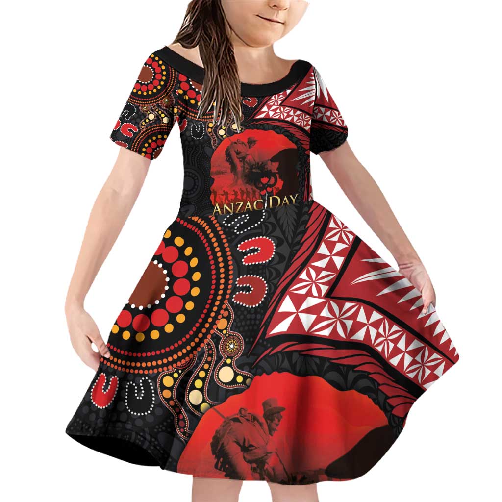 Tonga and Australia ANZAC Day Family Matching Off Shoulder Short Dress and Hawaiian Shirt Aboriginal and Ngatu Art Pattern - Gallipoli Lest We Forget LT03 Daughter's Dress Black - Polynesian Pride
