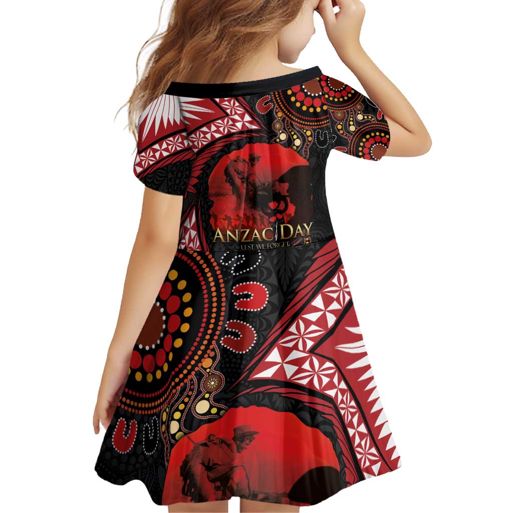 Tonga and Australia ANZAC Day Family Matching Off Shoulder Short Dress and Hawaiian Shirt Aboriginal and Ngatu Art Pattern - Gallipoli Lest We Forget LT03 - Polynesian Pride