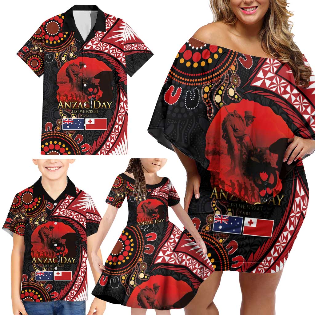 Tonga and Australia ANZAC Day Family Matching Off Shoulder Short Dress and Hawaiian Shirt Aboriginal and Ngatu Art Pattern - Gallipoli Lest We Forget LT03 - Polynesian Pride