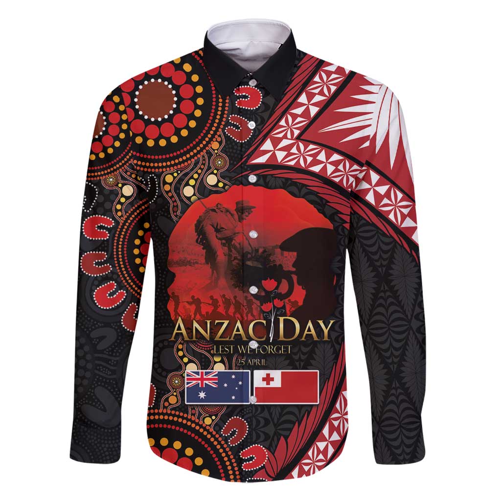 Tonga and Australia ANZAC Day Family Matching Off Shoulder Short Dress and Hawaiian Shirt Aboriginal and Ngatu Art Pattern - Gallipoli Lest We Forget LT03 Dad's Shirt - Long Sleeve Black - Polynesian Pride