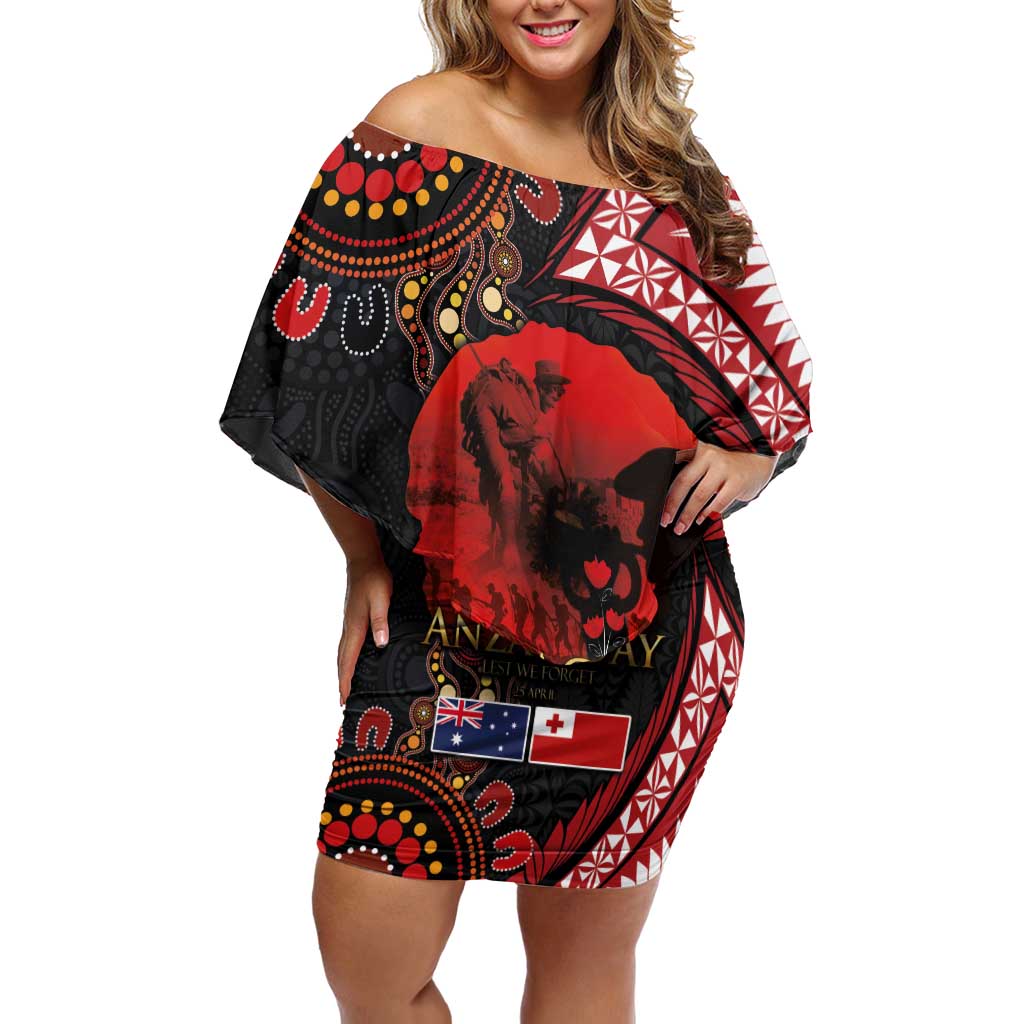 Tonga and Australia ANZAC Day Family Matching Off Shoulder Short Dress and Hawaiian Shirt Aboriginal and Ngatu Art Pattern - Gallipoli Lest We Forget LT03 Mom's Dress Black - Polynesian Pride