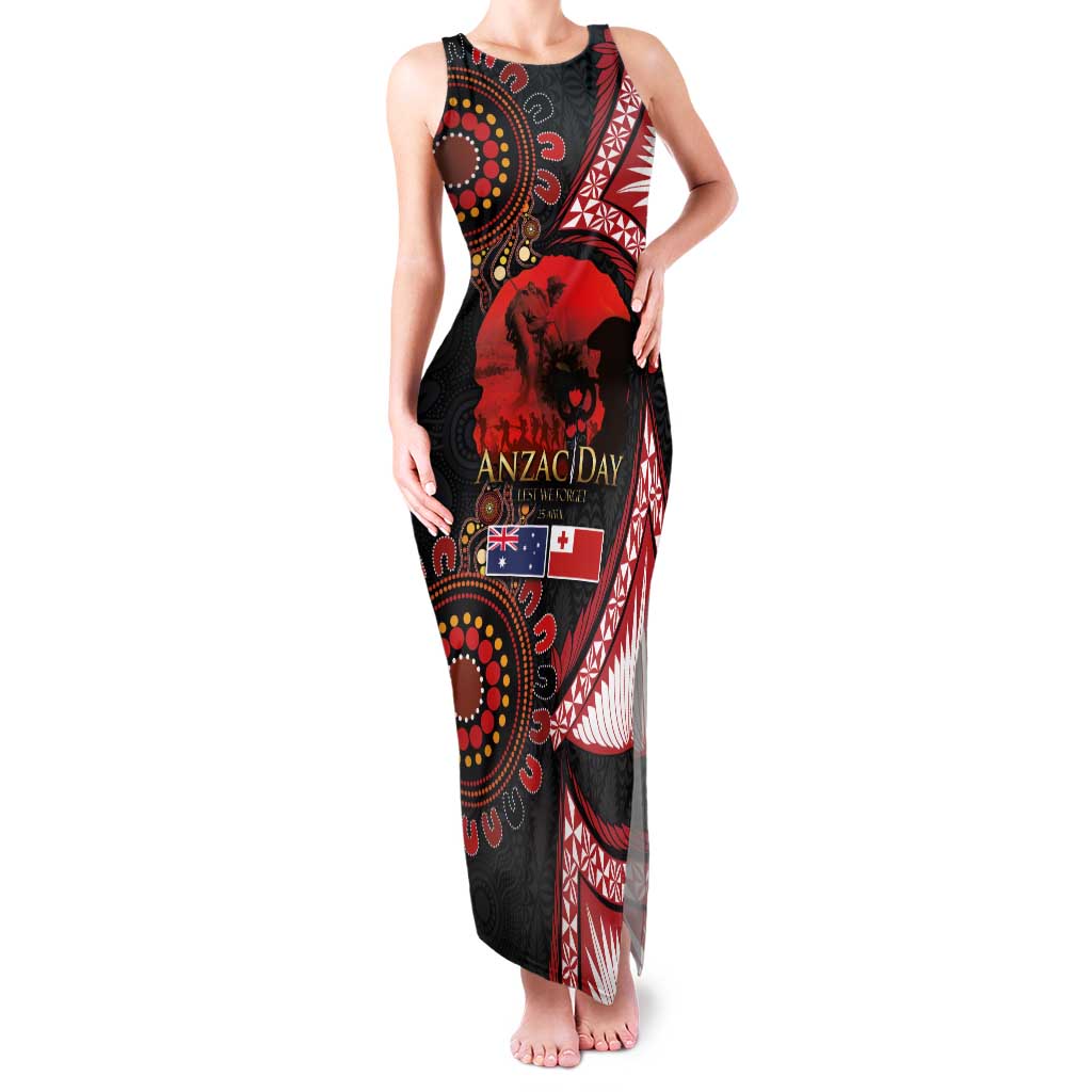 Tonga and Australia ANZAC Day Family Matching Tank Maxi Dress and Hawaiian Shirt Aboriginal and Ngatu Art Pattern - Gallipoli Lest We Forget LT03 Mom's Dress Black - Polynesian Pride
