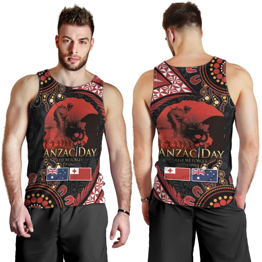 Tonga and Australia ANZAC Day Men Tank Top Aboriginal and Ngatu Art Pattern - Gallipoli Lest We Forget
