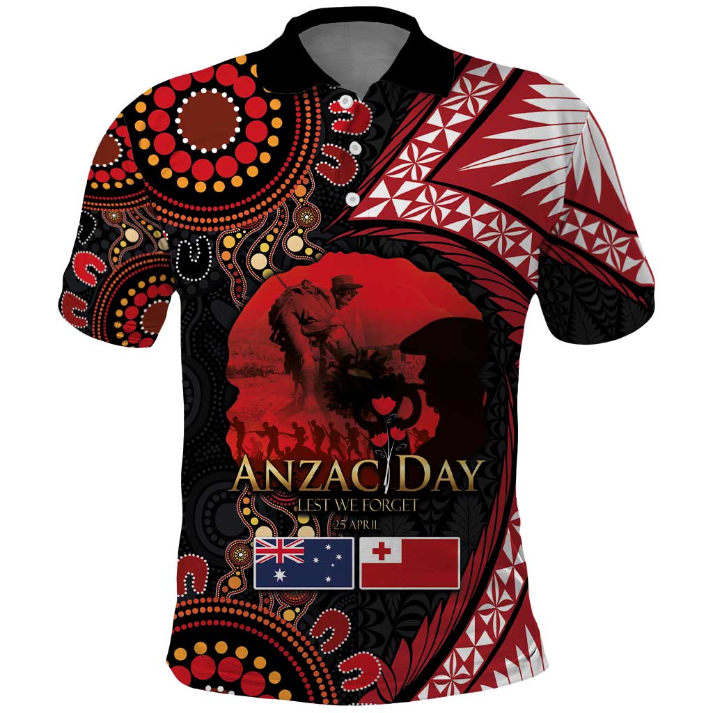 Tonga and Australia ANZAC Day Polo Shirt Aboriginal and Ngatu Art Pattern - Gallipoli Lest We Forget LT03 Black - Polynesian Pride