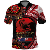 Tonga and Australia ANZAC Day Polo Shirt Aboriginal and Ngatu Art Pattern - Gallipoli Lest We Forget LT03 Black - Polynesian Pride