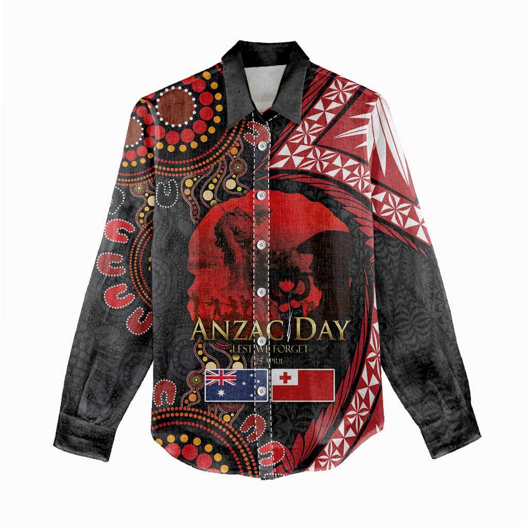 Tonga and Australia ANZAC Day Women Casual Shirt Aboriginal and Ngatu Art Pattern - Gallipoli Lest We Forget