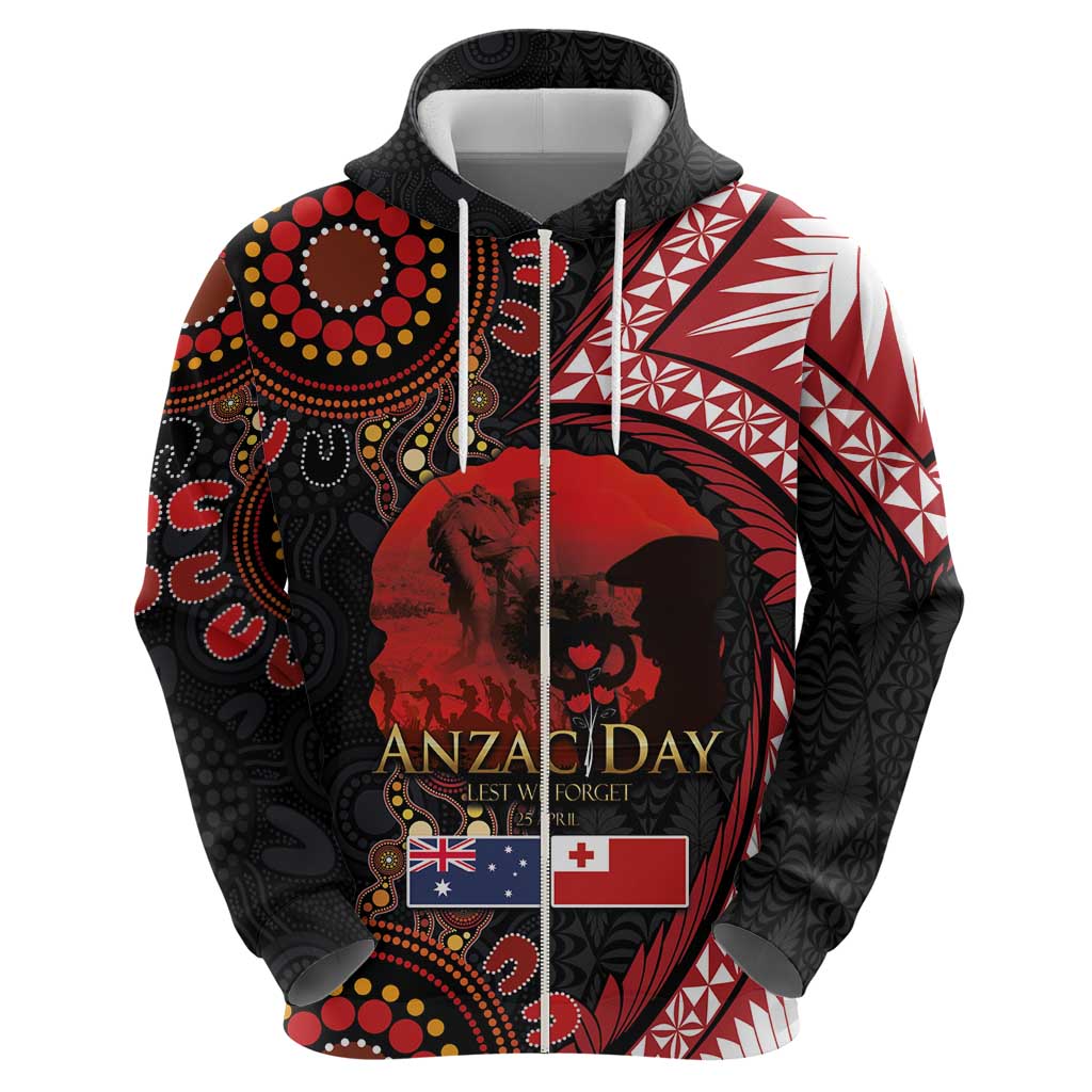 Tonga and Australia ANZAC Day Zip Hoodie Aboriginal and Ngatu Art Pattern - Gallipoli Lest We Forget