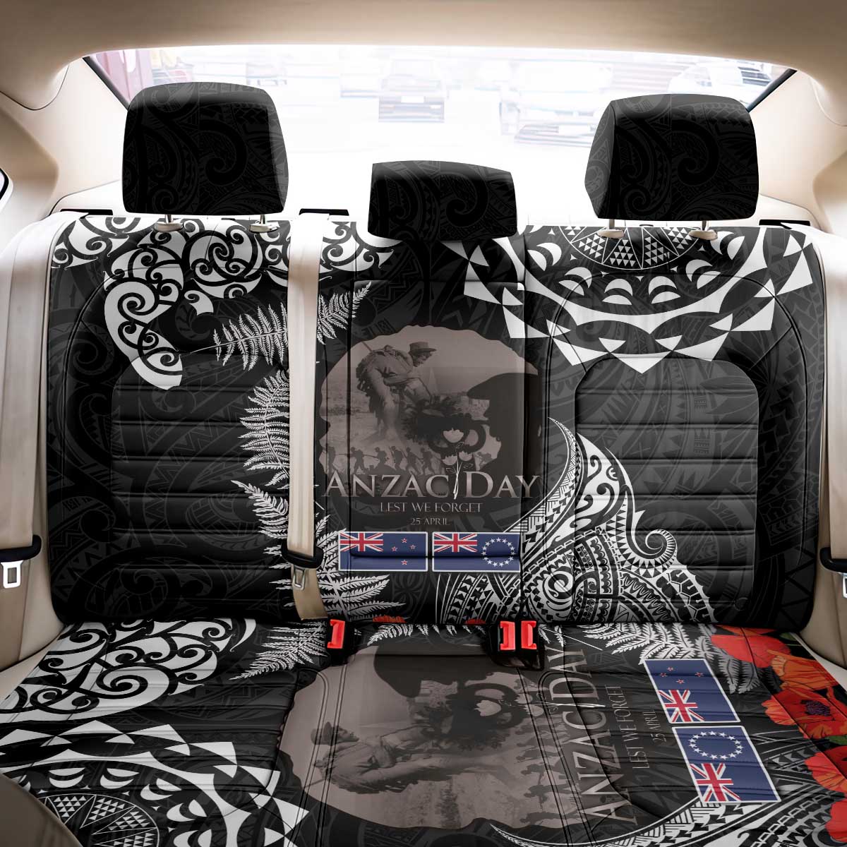 New Zealand and Cook Islands ANZAC Day Back Car Seat Cover Gallipoli Lest We Forget Tatau Art Tribal and Maori Tattoo with Fern LT03 - Polynesian Pride