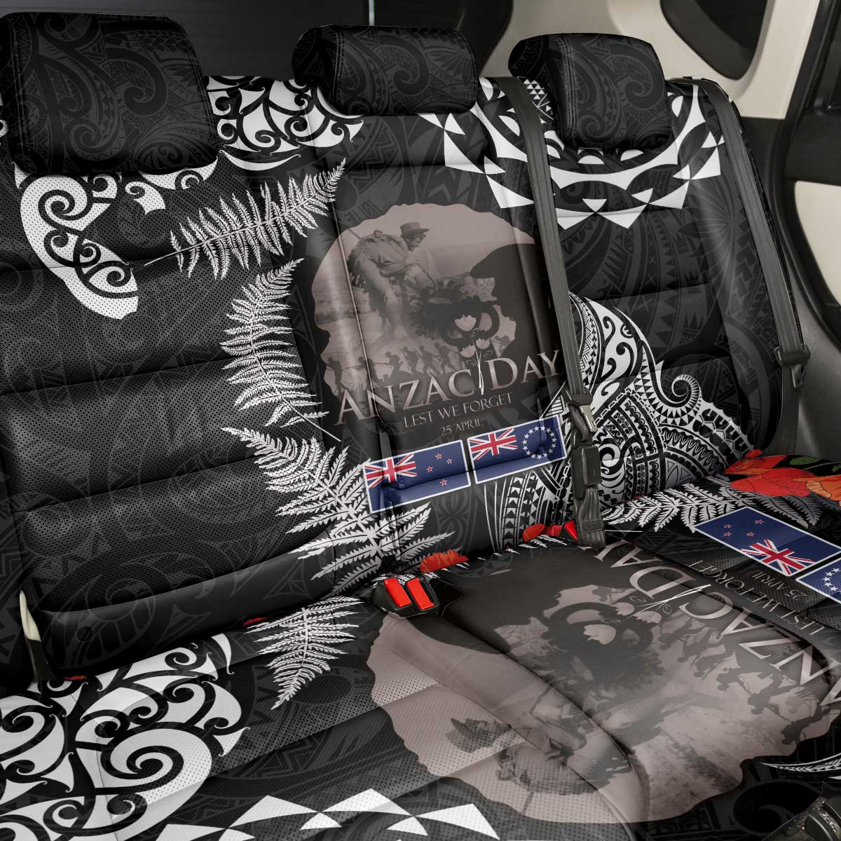 New Zealand and Cook Islands ANZAC Day Back Car Seat Cover Gallipoli Lest We Forget Tatau Art Tribal and Maori Tattoo with Fern LT03 - Polynesian Pride