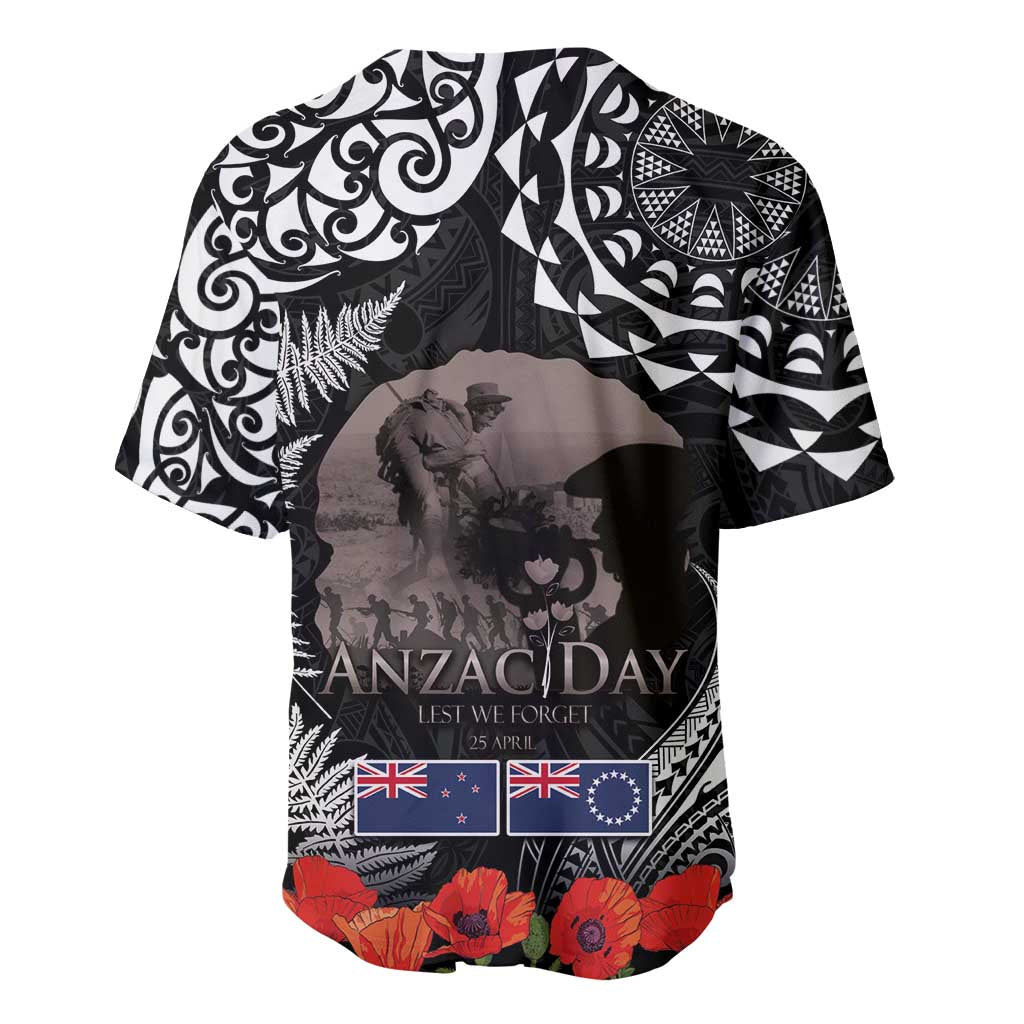 New Zealand and Cook Islands ANZAC Day Baseball Jersey Gallipoli Lest We Forget Tatau Art Tribal and Maori Tattoo with Fern LT03 - Polynesian Pride