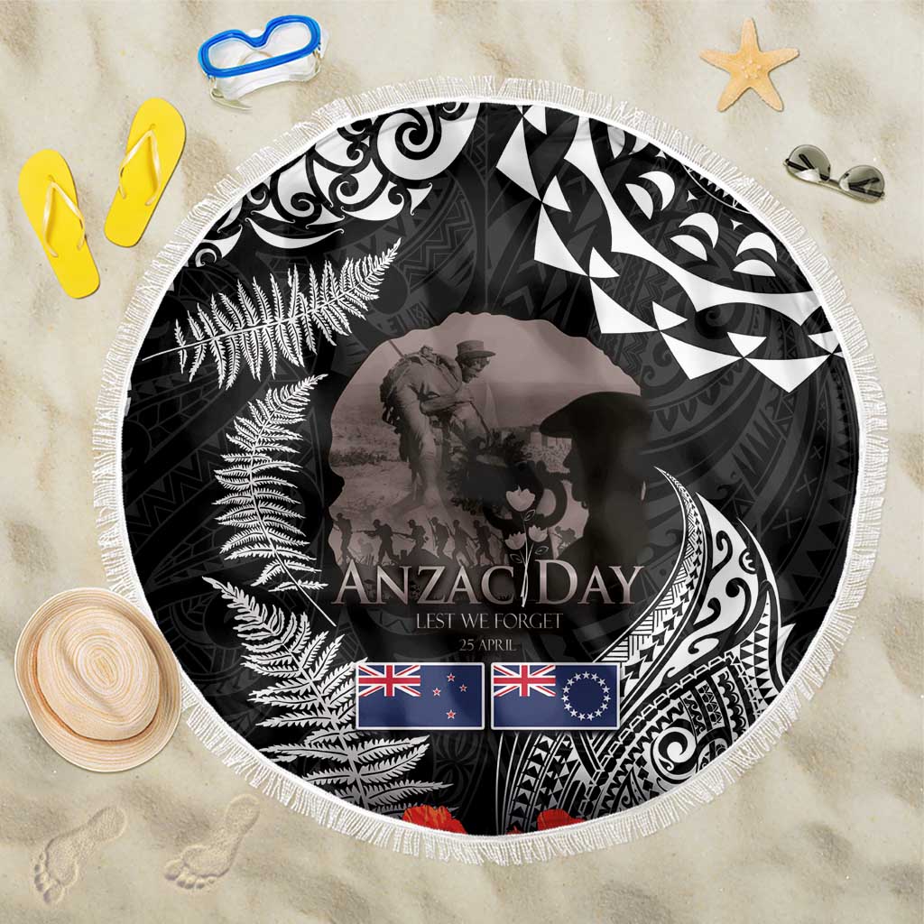 New Zealand and Cook Islands ANZAC Day Beach Blanket Gallipoli Lest We Forget Tatau Art Tribal and Maori Tattoo with Fern LT03 One Size 150cm Black - Polynesian Pride