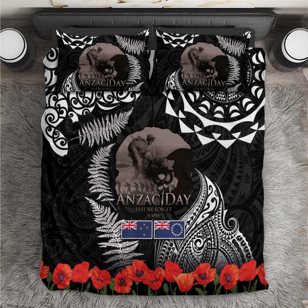 New Zealand and Cook Islands ANZAC Day Bedding Set Gallipoli Lest We Forget Tatau Art Tribal and Maori Tattoo with Fern LT03 Black - Polynesian Pride