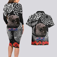 New Zealand and Cook Islands ANZAC Day Couples Matching Long Sleeve Bodycon Dress and Hawaiian Shirt Gallipoli Lest We Forget Tatau Art Tribal and Maori Tattoo with Fern LT03 - Polynesian Pride