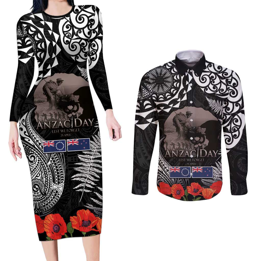 New Zealand and Cook Islands ANZAC Day Couples Matching Long Sleeve Bodycon Dress and Long Sleeve Button Shirt Gallipoli Lest We Forget Tatau Art Tribal and Maori Tattoo with Fern LT03 Black - Polynesian Pride