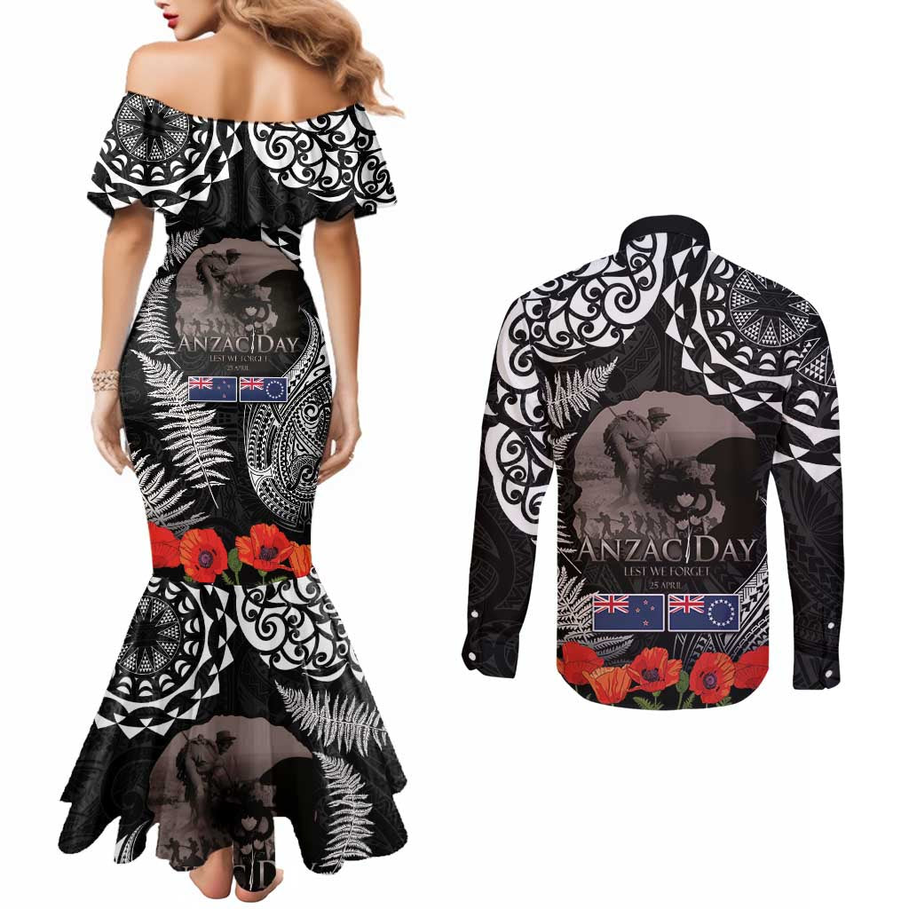 New Zealand and Cook Islands ANZAC Day Couples Matching Mermaid Dress and Long Sleeve Button Shirt Gallipoli Lest We Forget Tatau Art Tribal and Maori Tattoo with Fern LT03 - Polynesian Pride