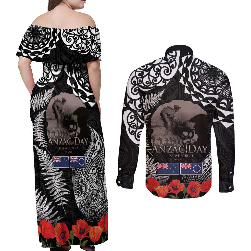 New Zealand and Cook Islands ANZAC Day Couples Matching Off Shoulder Maxi Dress and Long Sleeve Button Shirt Gallipoli Lest We Forget Tatau Art Tribal and Maori Tattoo with Fern LT03 - Polynesian Pride