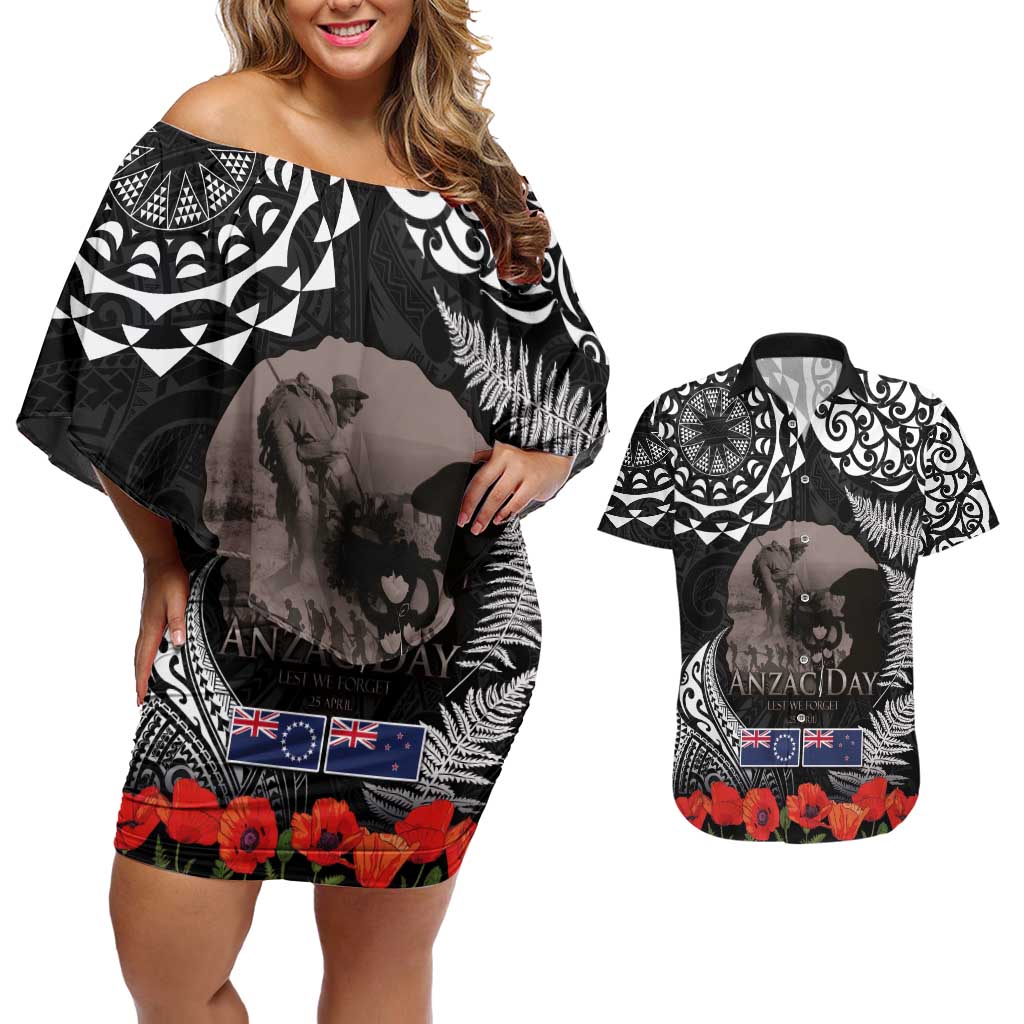 New Zealand and Cook Islands ANZAC Day Couples Matching Off Shoulder Short Dress and Hawaiian Shirt Gallipoli Lest We Forget Tatau Art Tribal and Maori Tattoo with Fern LT03 Black - Polynesian Pride