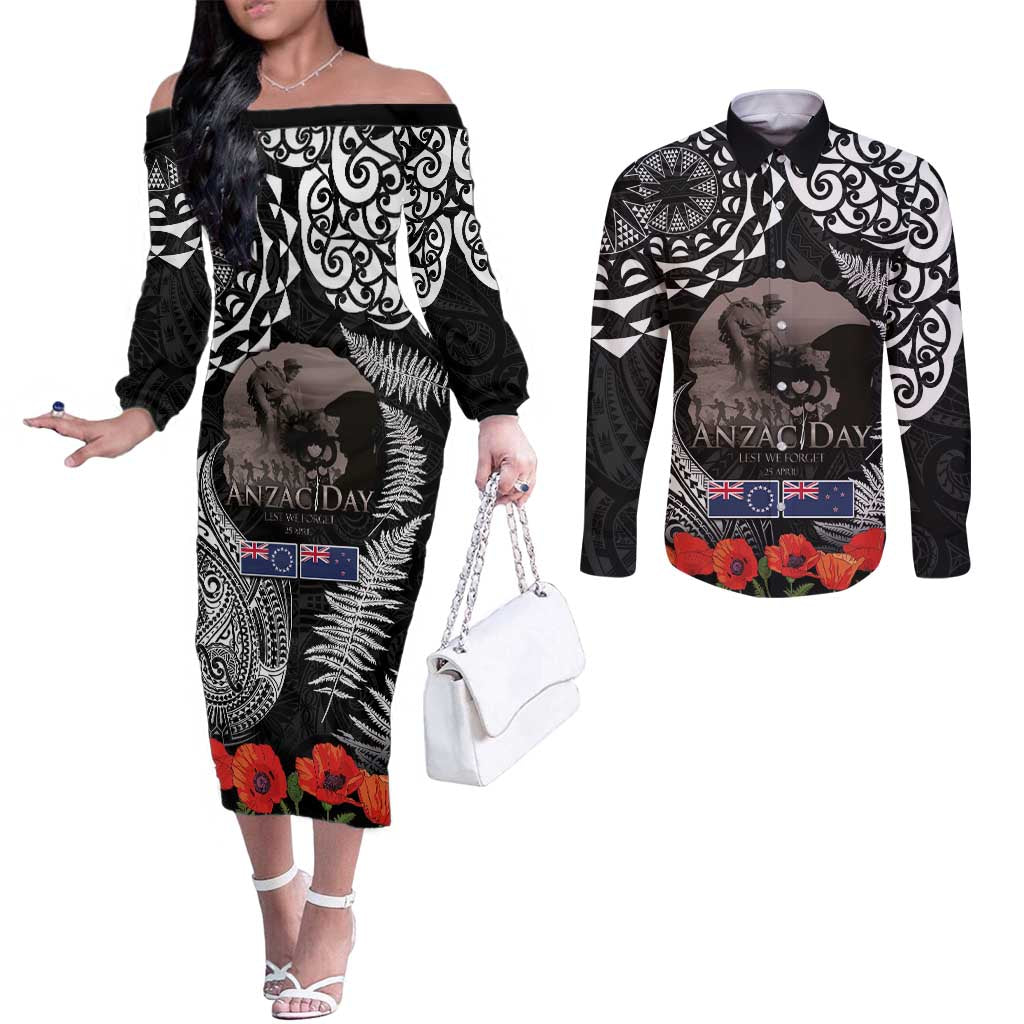 New Zealand and Cook Islands ANZAC Day Couples Matching Off The Shoulder Long Sleeve Dress and Long Sleeve Button Shirt Gallipoli Lest We Forget Tatau Art Tribal and Maori Tattoo with Fern LT03 Black - Polynesian Pride
