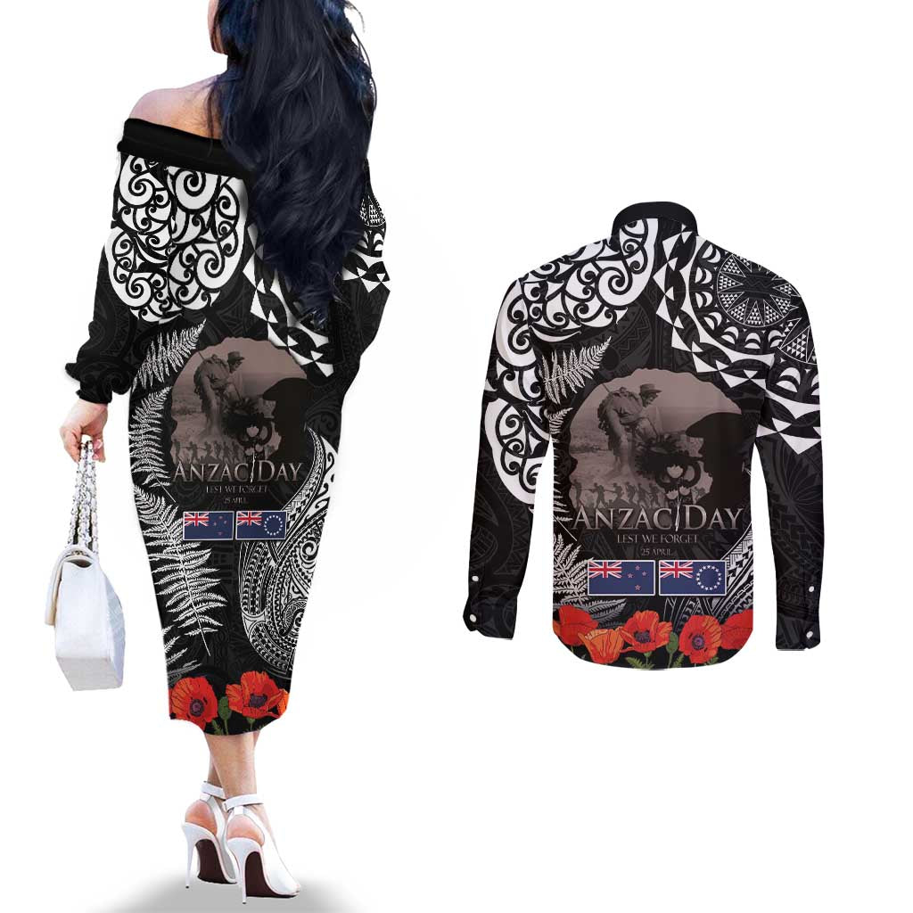 New Zealand and Cook Islands ANZAC Day Couples Matching Off The Shoulder Long Sleeve Dress and Long Sleeve Button Shirt Gallipoli Lest We Forget Tatau Art Tribal and Maori Tattoo with Fern LT03 - Polynesian Pride
