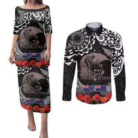 New Zealand and Cook Islands ANZAC Day Couples Matching Puletasi and Long Sleeve Button Shirt Gallipoli Lest We Forget Tatau Art Tribal and Maori Tattoo with Fern LT03 Black - Polynesian Pride