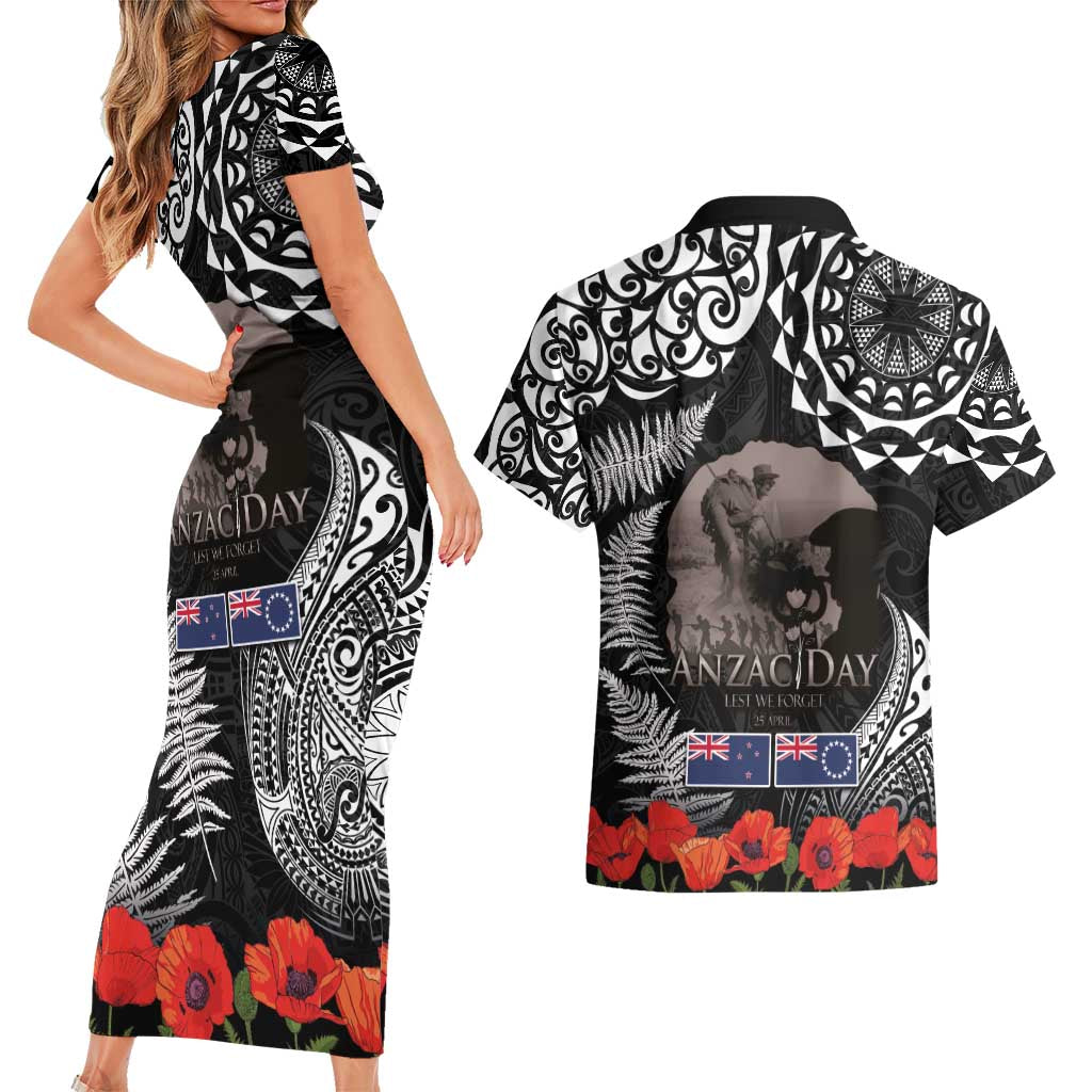 New Zealand and Cook Islands ANZAC Day Couples Matching Short Sleeve Bodycon Dress and Hawaiian Shirt Gallipoli Lest We Forget Tatau Art Tribal and Maori Tattoo with Fern LT03 - Polynesian Pride