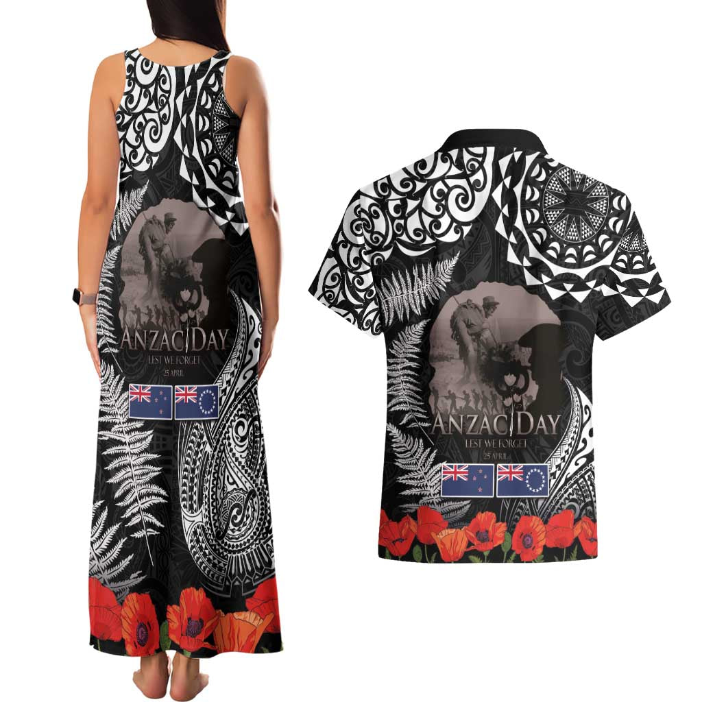 New Zealand and Cook Islands ANZAC Day Couples Matching Tank Maxi Dress and Hawaiian Shirt Gallipoli Lest We Forget Tatau Art Tribal and Maori Tattoo with Fern LT03 - Polynesian Pride