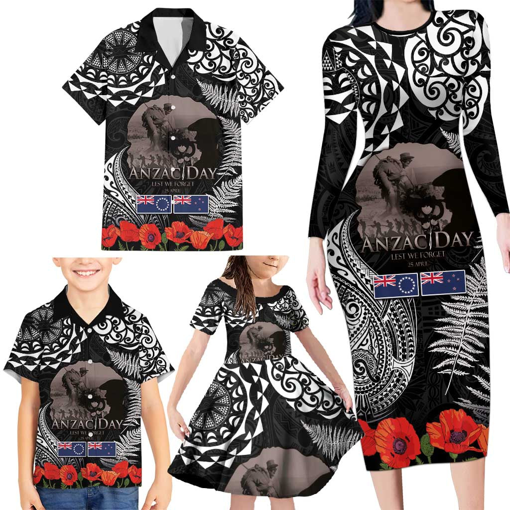 New Zealand and Cook Islands ANZAC Day Family Matching Long Sleeve Bodycon Dress and Hawaiian Shirt Gallipoli Lest We Forget Tatau Art Tribal and Maori Tattoo with Fern LT03 - Polynesian Pride