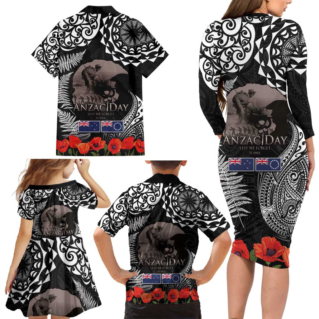 New Zealand and Cook Islands ANZAC Day Family Matching Long Sleeve Bodycon Dress and Hawaiian Shirt Gallipoli Lest We Forget Tatau Art Tribal and Maori Tattoo with Fern LT03 - Polynesian Pride