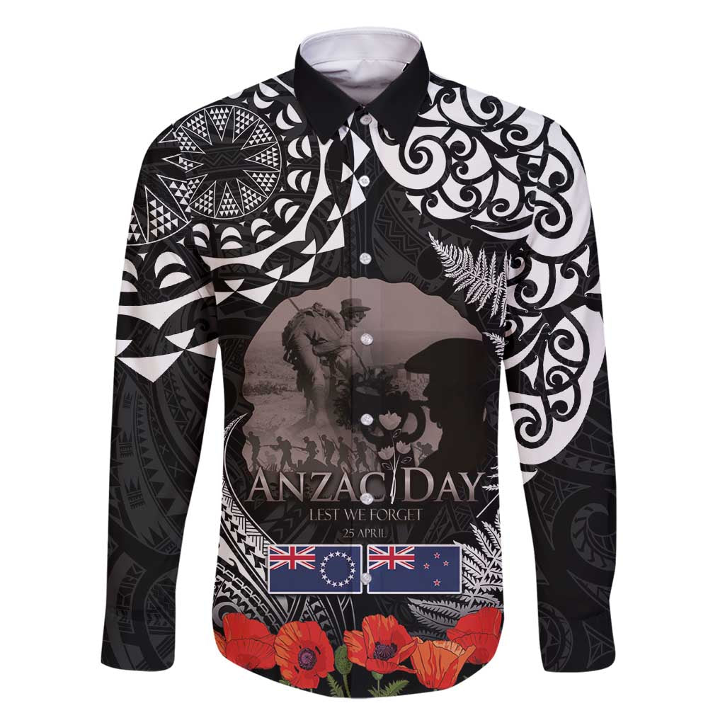 New Zealand and Cook Islands ANZAC Day Family Matching Long Sleeve Bodycon Dress and Hawaiian Shirt Gallipoli Lest We Forget Tatau Art Tribal and Maori Tattoo with Fern LT03 Dad's Shirt - Long Sleeve Black - Polynesian Pride