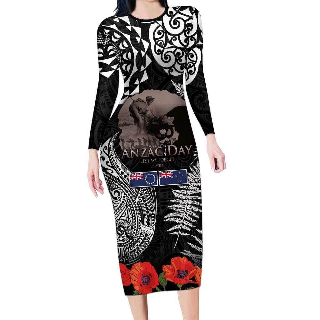 New Zealand and Cook Islands ANZAC Day Family Matching Long Sleeve Bodycon Dress and Hawaiian Shirt Gallipoli Lest We Forget Tatau Art Tribal and Maori Tattoo with Fern LT03 Mom's Dress Black - Polynesian Pride