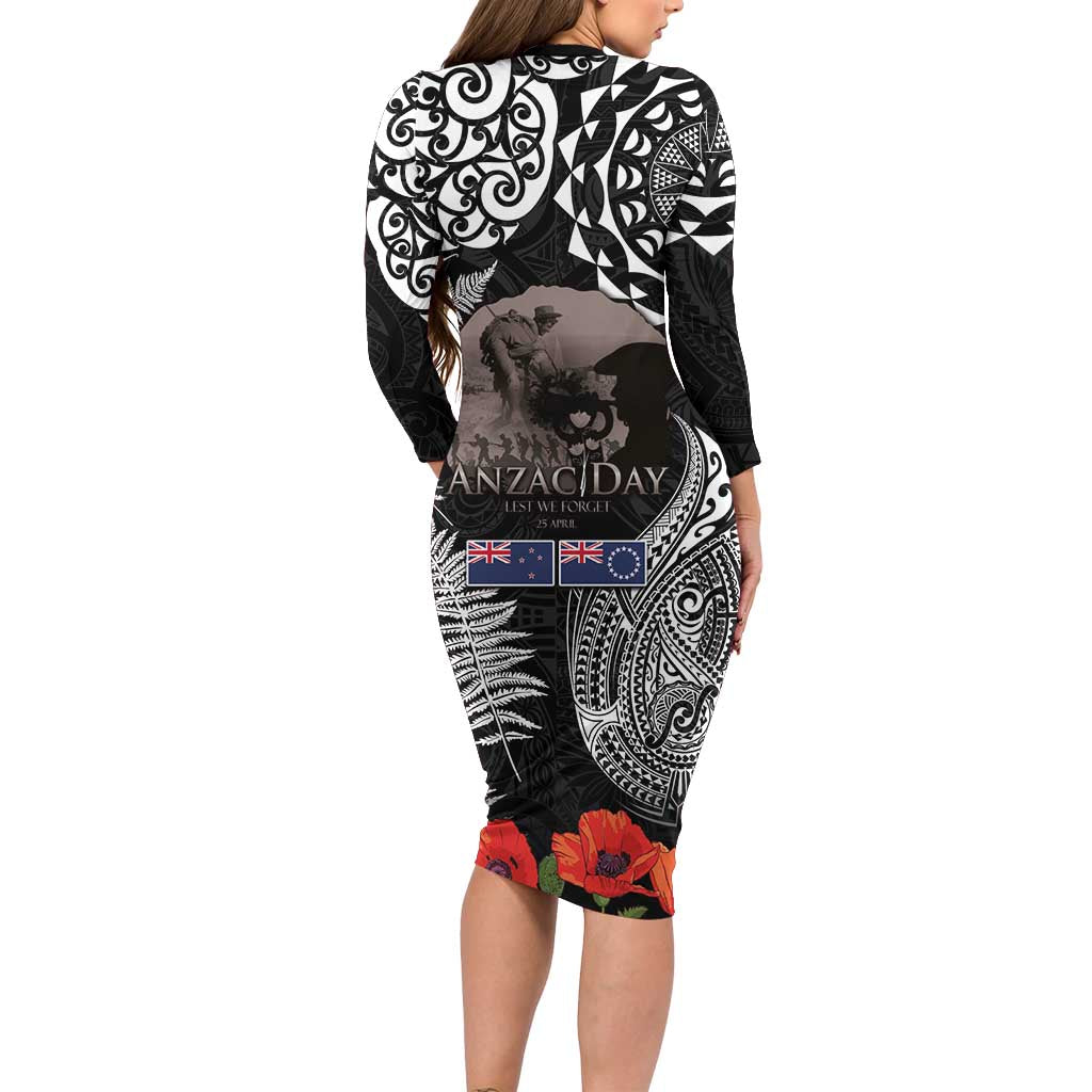 New Zealand and Cook Islands ANZAC Day Family Matching Long Sleeve Bodycon Dress and Hawaiian Shirt Gallipoli Lest We Forget Tatau Art Tribal and Maori Tattoo with Fern LT03 - Polynesian Pride