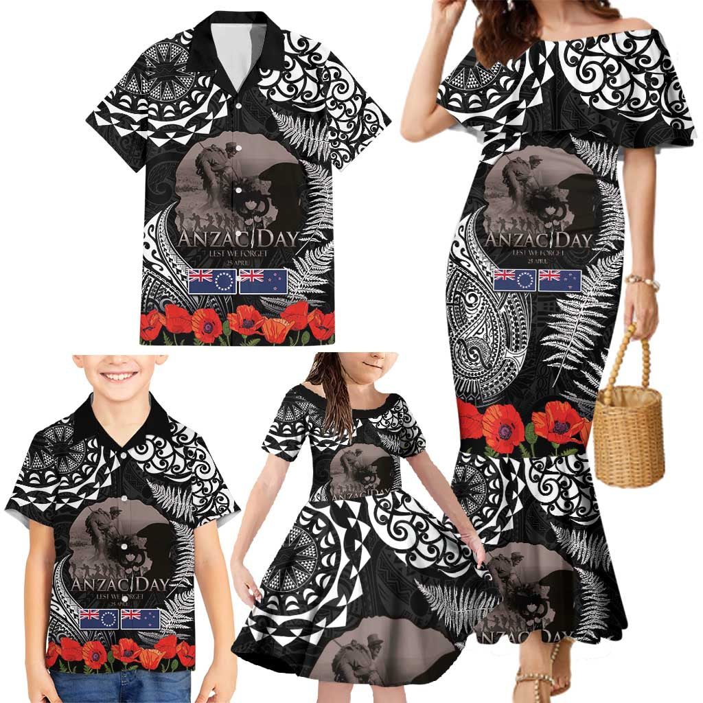 New Zealand and Cook Islands ANZAC Day Family Matching Mermaid Dress and Hawaiian Shirt Gallipoli Lest We Forget Tatau Art Tribal and Maori Tattoo with Fern LT03 - Polynesian Pride