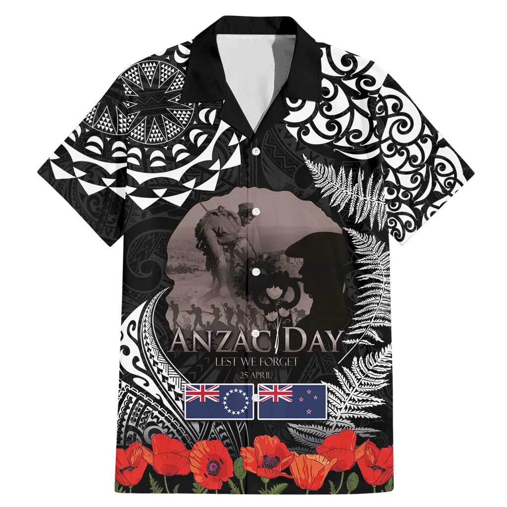 New Zealand and Cook Islands ANZAC Day Family Matching Mermaid Dress and Hawaiian Shirt Gallipoli Lest We Forget Tatau Art Tribal and Maori Tattoo with Fern LT03 Dad's Shirt - Short Sleeve Black - Polynesian Pride