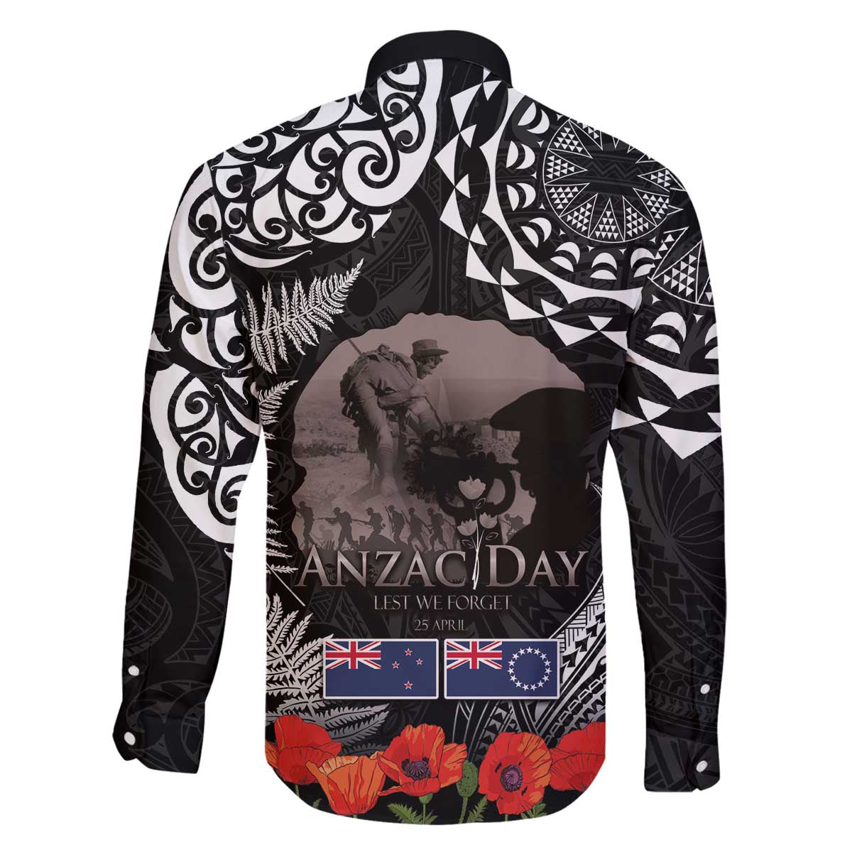New Zealand and Cook Islands ANZAC Day Family Matching Off The Shoulder Long Sleeve Dress and Hawaiian Shirt Gallipoli Lest We Forget Tatau Art Tribal and Maori Tattoo with Fern LT03 - Polynesian Pride