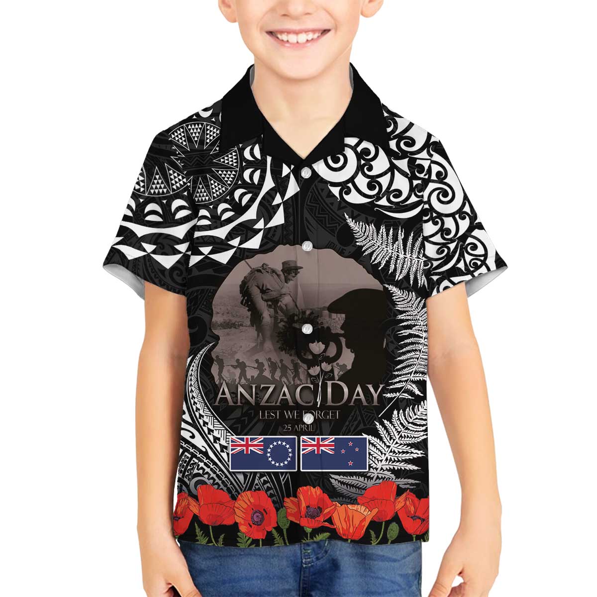 New Zealand and Cook Islands ANZAC Day Family Matching Off The Shoulder Long Sleeve Dress and Hawaiian Shirt Gallipoli Lest We Forget Tatau Art Tribal and Maori Tattoo with Fern LT03 Son's Shirt Black - Polynesian Pride