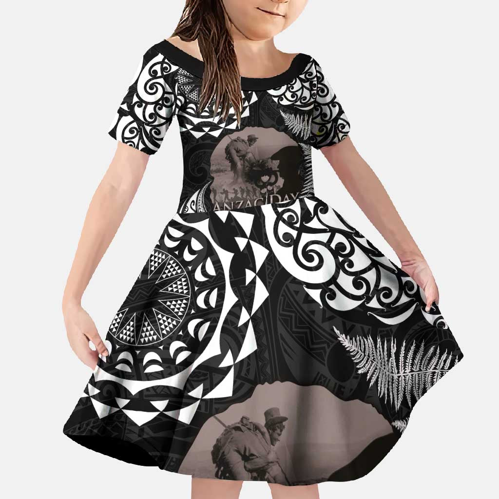 New Zealand and Cook Islands ANZAC Day Family Matching Off Shoulder Maxi Dress and Hawaiian Shirt Gallipoli Lest We Forget Tatau Art Tribal and Maori Tattoo with Fern LT03 Daughter's Dress Black - Polynesian Pride