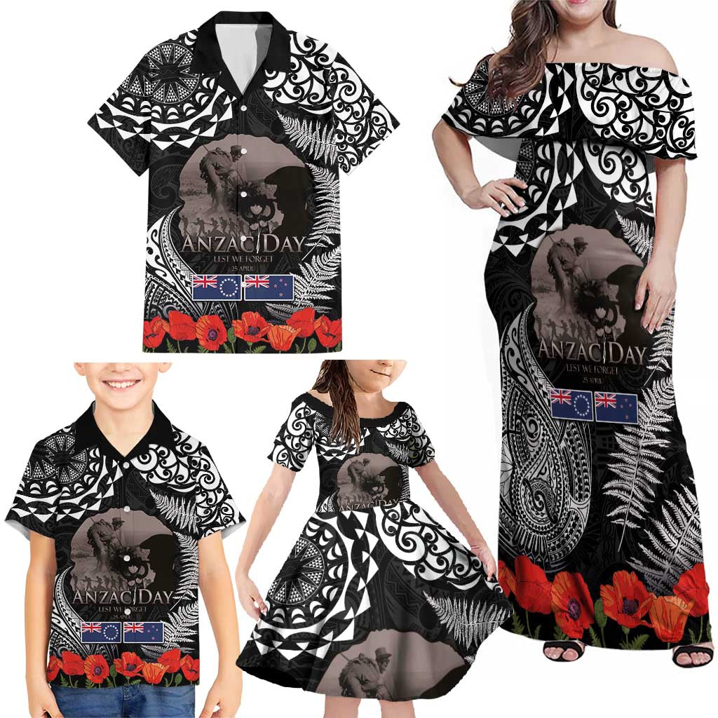 New Zealand and Cook Islands ANZAC Day Family Matching Off Shoulder Maxi Dress and Hawaiian Shirt Gallipoli Lest We Forget Tatau Art Tribal and Maori Tattoo with Fern LT03 - Polynesian Pride