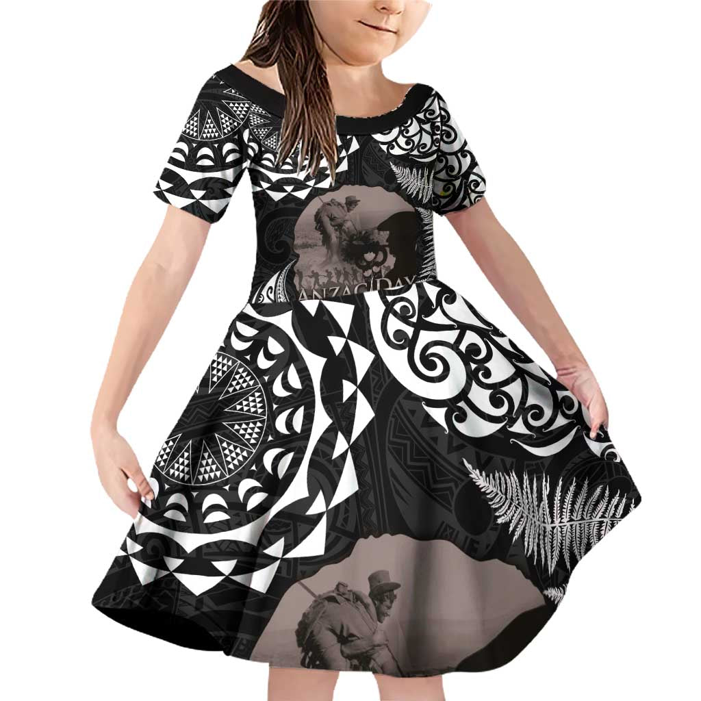 New Zealand and Cook Islands ANZAC Day Family Matching Off Shoulder Short Dress and Hawaiian Shirt Gallipoli Lest We Forget Tatau Art Tribal and Maori Tattoo with Fern LT03 Daughter's Dress Black - Polynesian Pride
