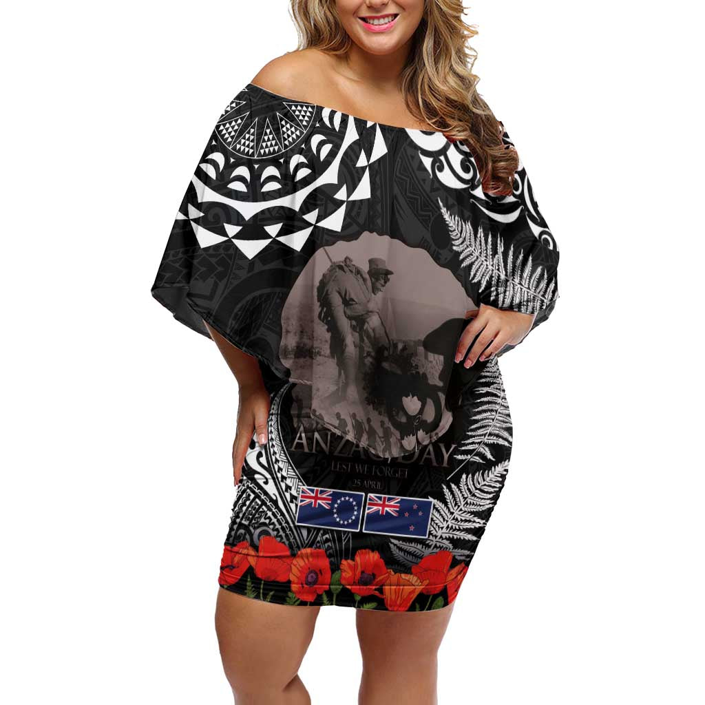 New Zealand and Cook Islands ANZAC Day Family Matching Off Shoulder Short Dress and Hawaiian Shirt Gallipoli Lest We Forget Tatau Art Tribal and Maori Tattoo with Fern LT03 Mom's Dress Black - Polynesian Pride