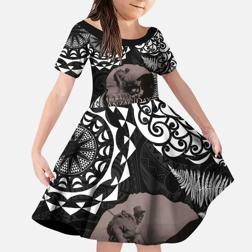 New Zealand and Cook Islands ANZAC Day Family Matching Puletasi and Hawaiian Shirt Gallipoli Lest We Forget Tatau Art Tribal and Maori Tattoo with Fern LT03 Daughter's Dress Black - Polynesian Pride