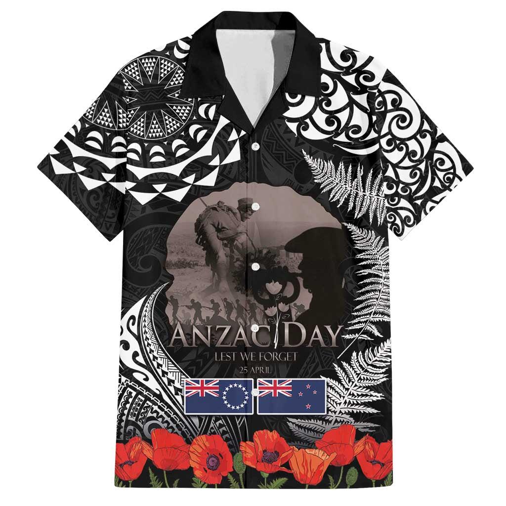 New Zealand and Cook Islands ANZAC Day Family Matching Puletasi and Hawaiian Shirt Gallipoli Lest We Forget Tatau Art Tribal and Maori Tattoo with Fern LT03 Dad's Shirt - Short Sleeve Black - Polynesian Pride