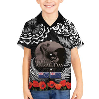 New Zealand and Cook Islands ANZAC Day Family Matching Short Sleeve Bodycon Dress and Hawaiian Shirt Gallipoli Lest We Forget Tatau Art Tribal and Maori Tattoo with Fern LT03 Son's Shirt Black - Polynesian Pride