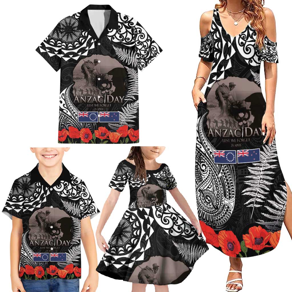 New Zealand and Cook Islands ANZAC Day Family Matching Summer Maxi Dress and Hawaiian Shirt Gallipoli Lest We Forget Tatau Art Tribal and Maori Tattoo with Fern LT03 - Polynesian Pride